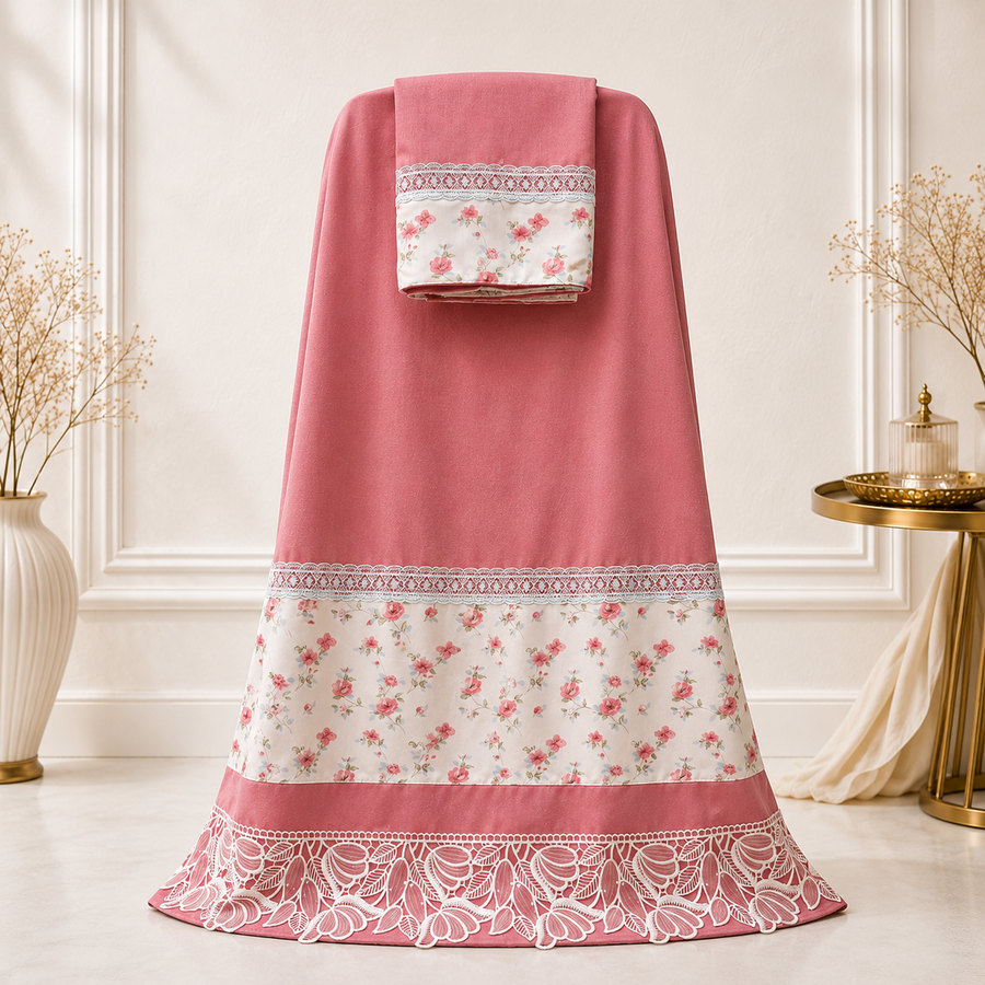 Bubblegum pink cotton rida with floral panel and a broad organza lace at the hem