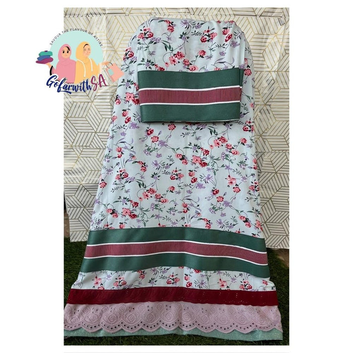 Mint Rida With Floral Print & Maroon-Green Striped Border