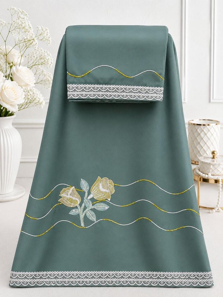 Pine Green Rida With Floral Wave Embroidery & Lace Hem