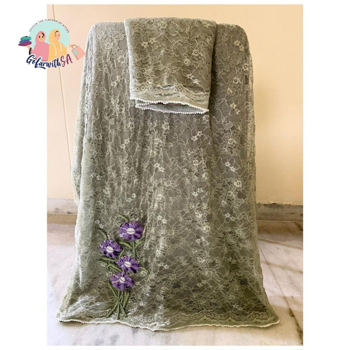 Sage Grey Rida With Purple Floral Applique & Lace Overlay