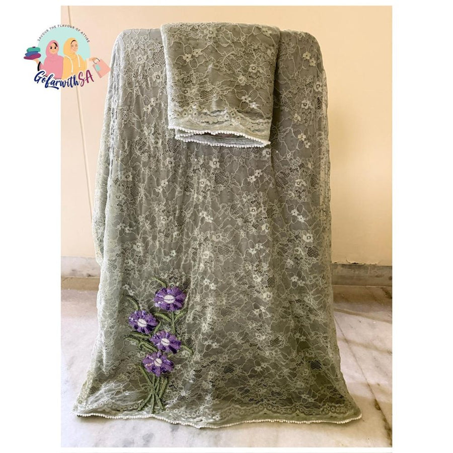 Sage Grey Rida With Purple Floral Applique & Lace Overlay